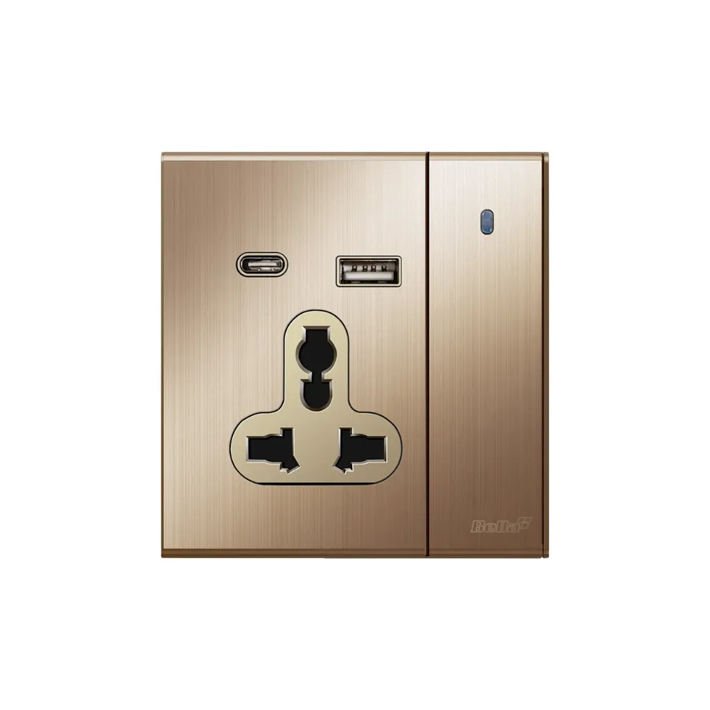 [SKU: BN-C52E31] 3 Pin Universal Socket with Type A+C USB Charger (Brushed Golden)