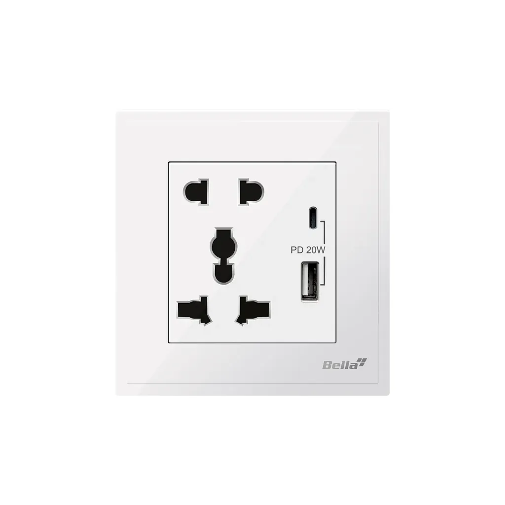 [SKU: BD-C06E32] Dynamo 2 Pin & 3 Pin Universal Socket  with Type A+C USB Charger (White)