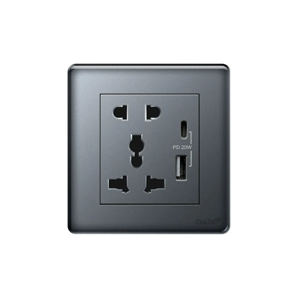 [SKU: BV-C06E32] Velocity 2 Pin & 3 Pin Universal Socket  with Type A+C USB Charger (Grey)